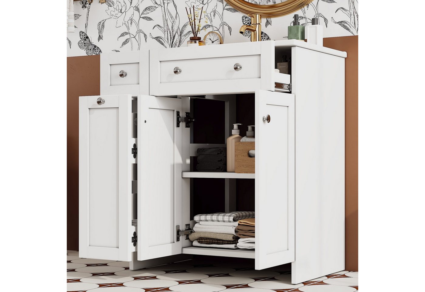 Flieks Waschtisch mit ausziehbarer Ablagen Waschbeckenunterschrank mit Waschbecken (B76/T47/H86 cm, 1-St., bodenstehend, Badschrank Waschplatz Badzimmer, lackierte Oberfläche), Badmöbel-Set Badzimmerschrank mit verstellbarer Einlegeböden Weiß Bild 2