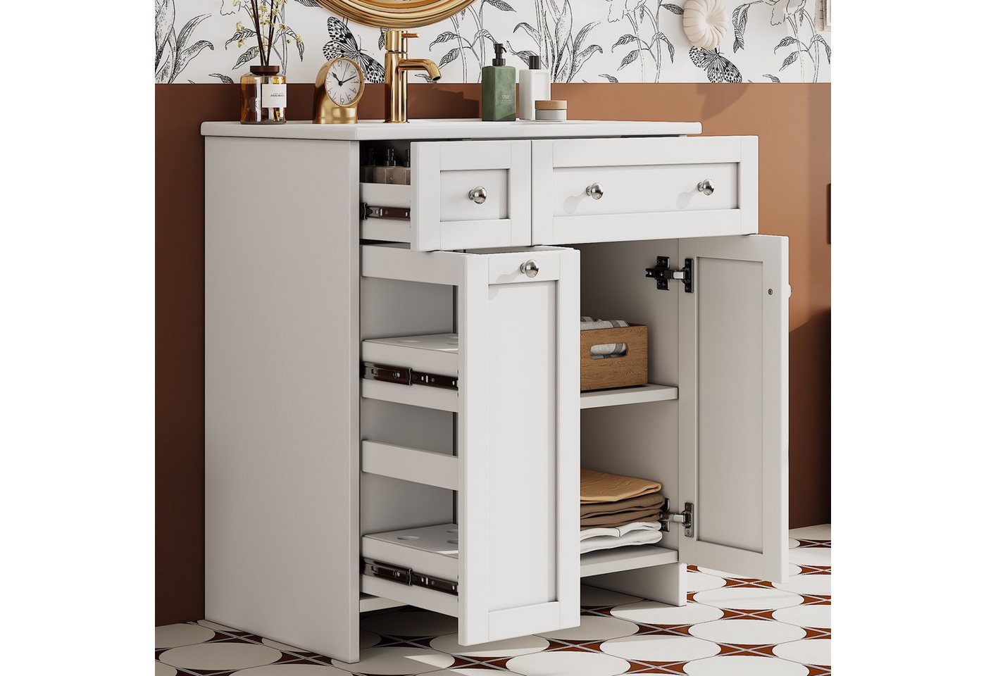 Flieks Waschtisch mit ausziehbarer Ablagen Waschbeckenunterschrank mit Waschbecken (B76/T47/H86 cm, 1-St., bodenstehend, Badschrank Waschplatz Badzimmer, lackierte Oberfläche), Badmöbel-Set Badzimmerschrank mit verstellbarer Einlegeböden Weiß Bild 3