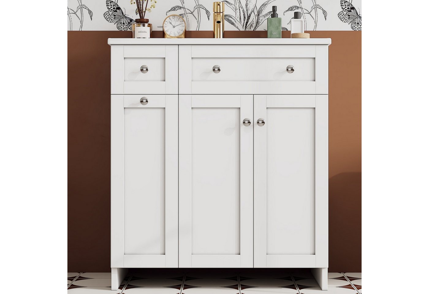 Flieks Waschtisch mit ausziehbarer Ablagen Waschbeckenunterschrank mit Waschbecken (B76/T47/H86 cm, 1-St., bodenstehend, Badschrank Waschplatz Badzimmer, lackierte Oberfläche), Badmöbel-Set Badzimmerschrank mit verstellbarer Einlegeböden Weiß Bild 4