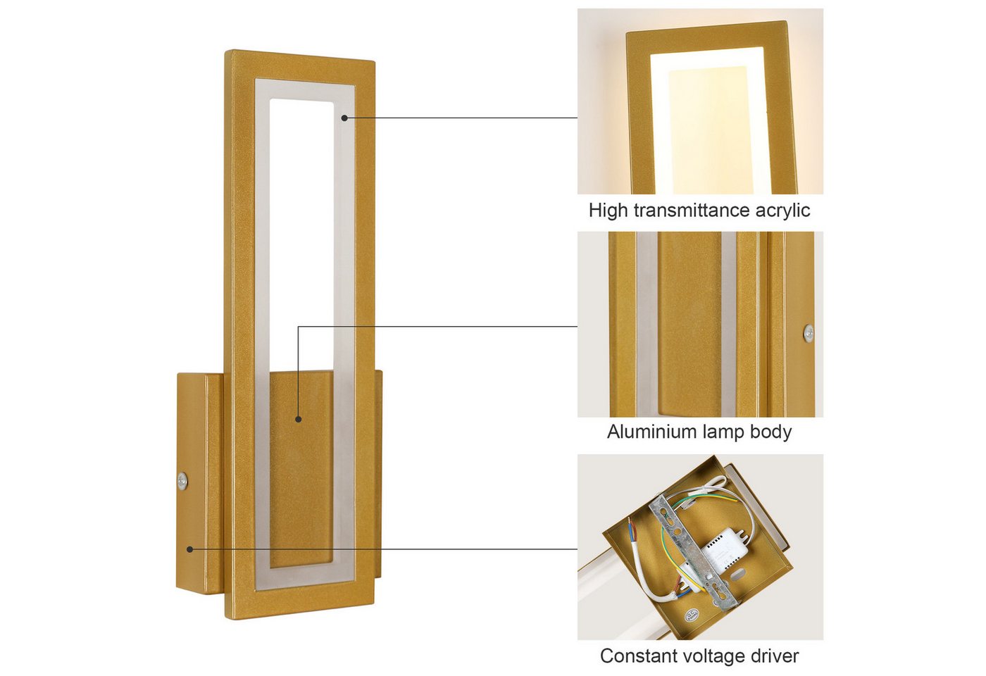 Riserva LED Wandleuchte LED Wandleuchte innen Gold 12W, 3000K warmweiß, 32 cm, rechteckig Bild 2
