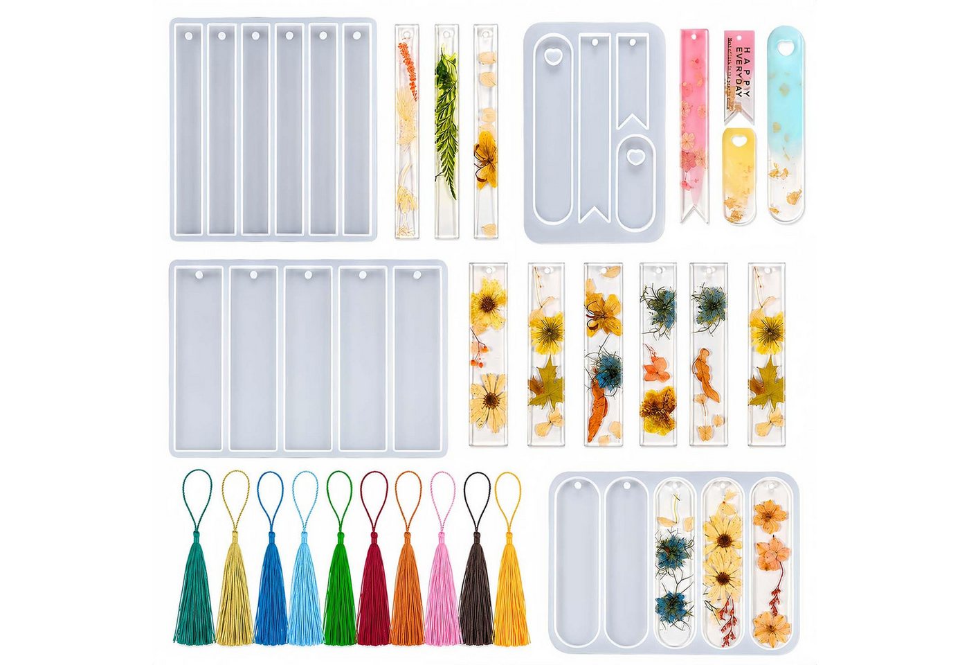 FOUORTUNATE-BEE Silikonform Lesezeichen Silikonform Set mit Loch-Design & Bunten Quasten, (Bastelset für Lesezeichen, Anhänger, Schmuck)