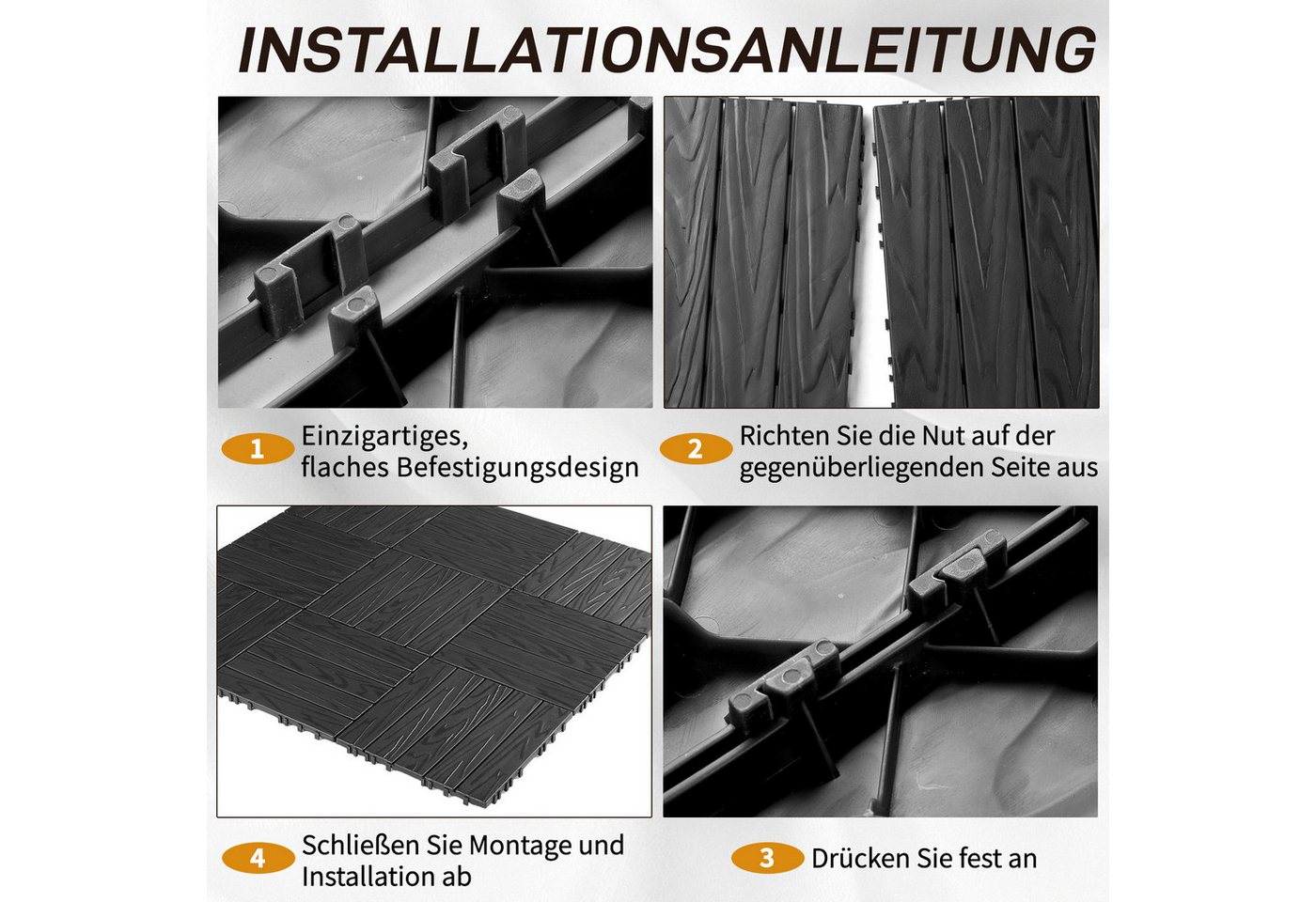 LEADZM Terrassendielen Terrassenfliesen 55er Set, Kunststoff, 30 x 30 x 2 cm, 5,00 m², BxL: je 30,00x30,00 cm, 2,00 mm Stärke, (55-St), Bodenbelag für Balkon & Garten, WPC Terrassenplatten mit Klick-System Bild 4