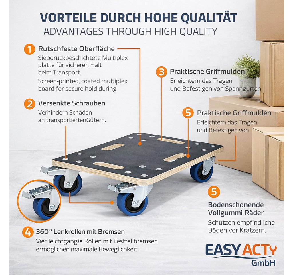 Easy Act GmbH Rollbrett Rollbrett Möbelroller aus Multiplex bis 800 kg, Ideal für Umzug, Werkstatt, Lager und Haushalt