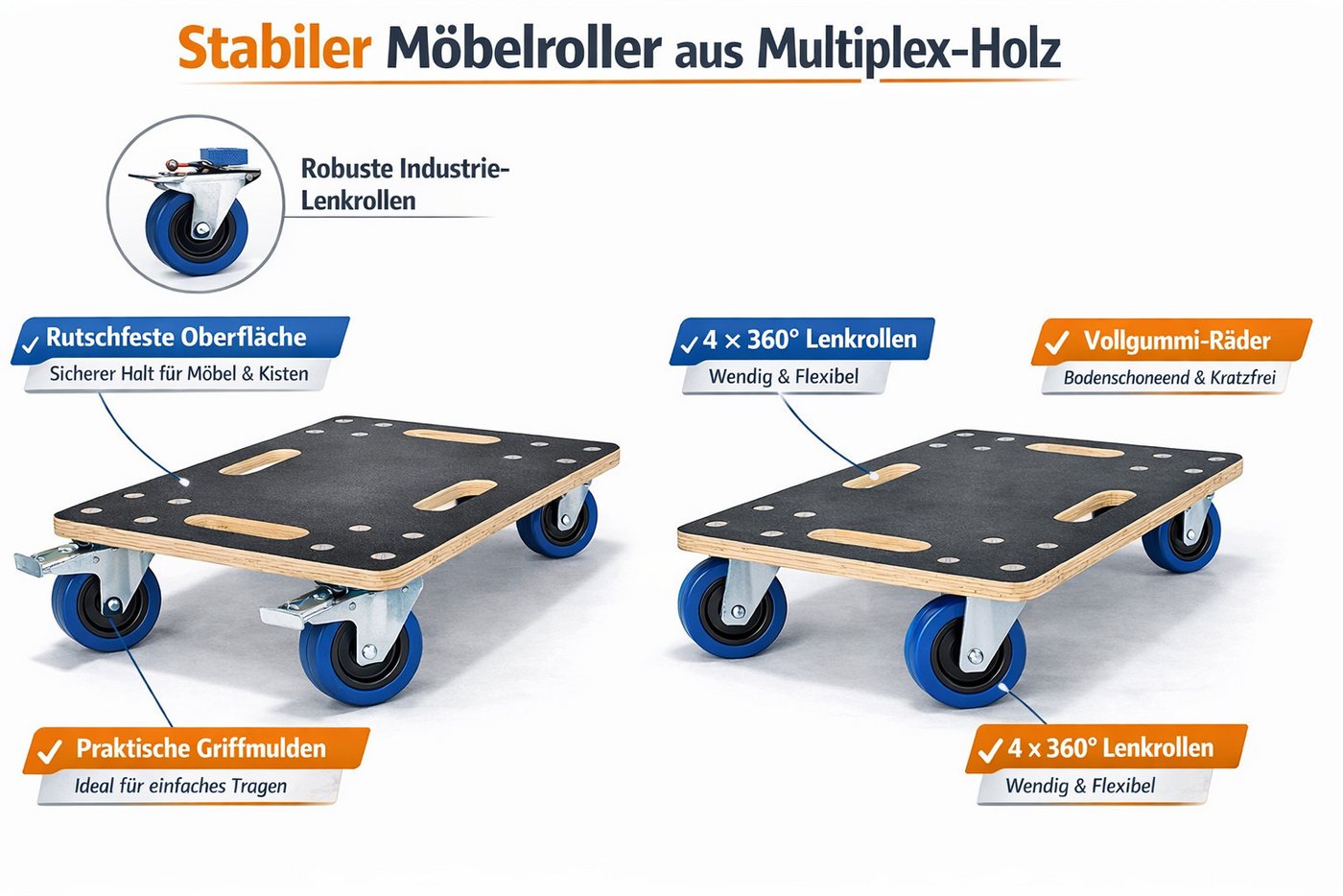 Easy Act GmbH Rollbrett Rollbrett Möbelroller aus Multiplex bis 800 kg, Ideal für Umzug, Werkstatt, Lager und Haushalt Bild 3