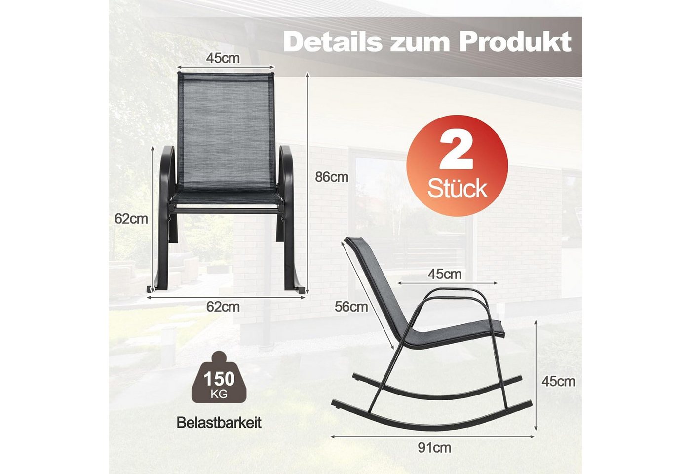 KOMFOTTEU Schaukelstuhl Gartenstuhl (2er Set), mit Rücklehne & Armlehne,bis 150 kg Bild 4