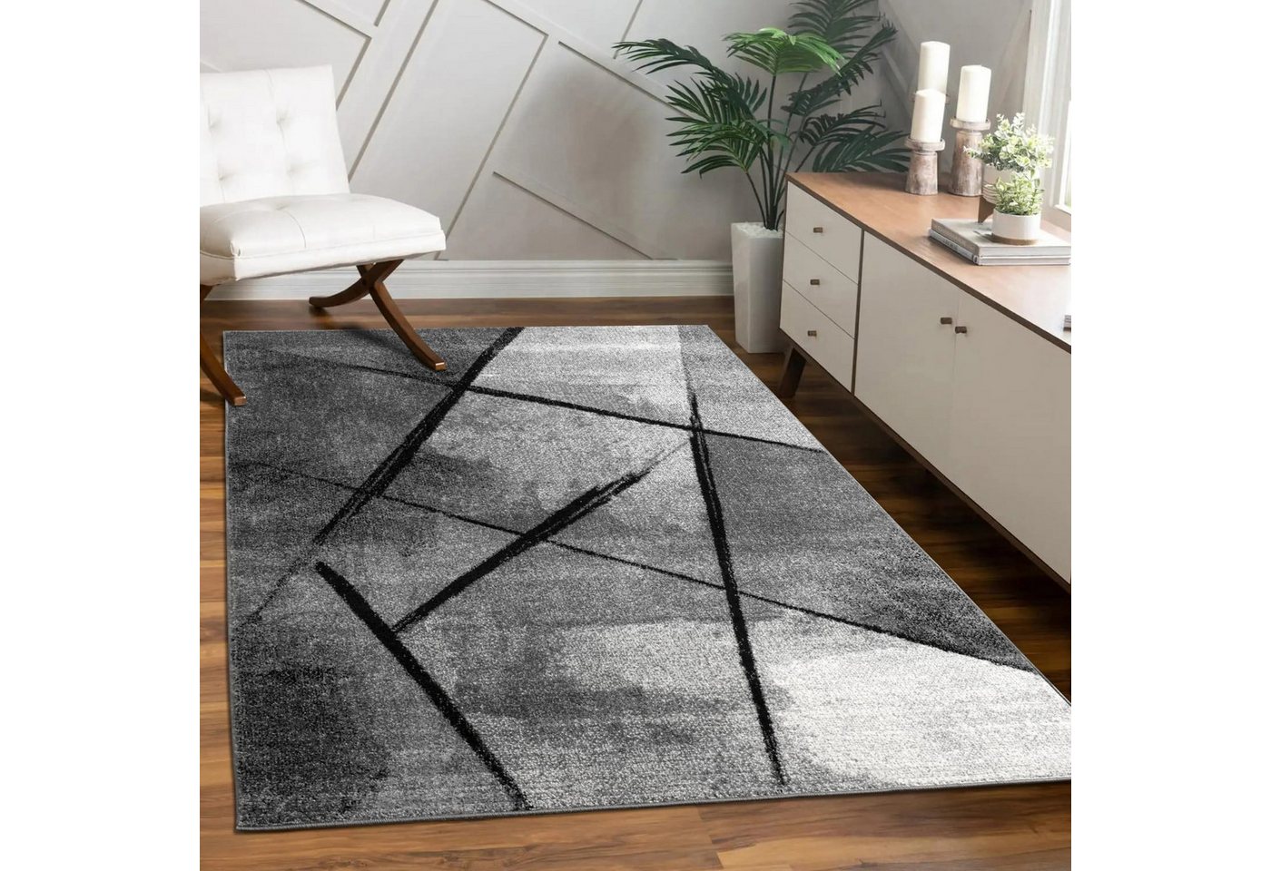 KADIMA DESIGN Teppich Abstraktes Linienmuster Wohnzimmer schmutzabweisend Teppich Kurzflor, Rechteckig, Höhe: 14 mm, Florhöhe: 10 mm, 100% Polypropylen, Rechteckig, 60x100cm, Dunkelgrau Bild 5