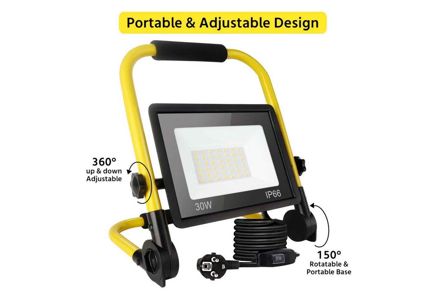 POPOLIC LED Baustrahler Tragbare Baustellenleuchte mit Aluminium-Gehäuse, 30W, IP66 wasserdicht, Baustellenbeleuchtung mit 3,5 m Kabel und EU-Stecker für Werkstatt und Garage, 30-W-LED-Baustellenstrahler, 3240 lm Arbeitsscheinwerfer Bild 5