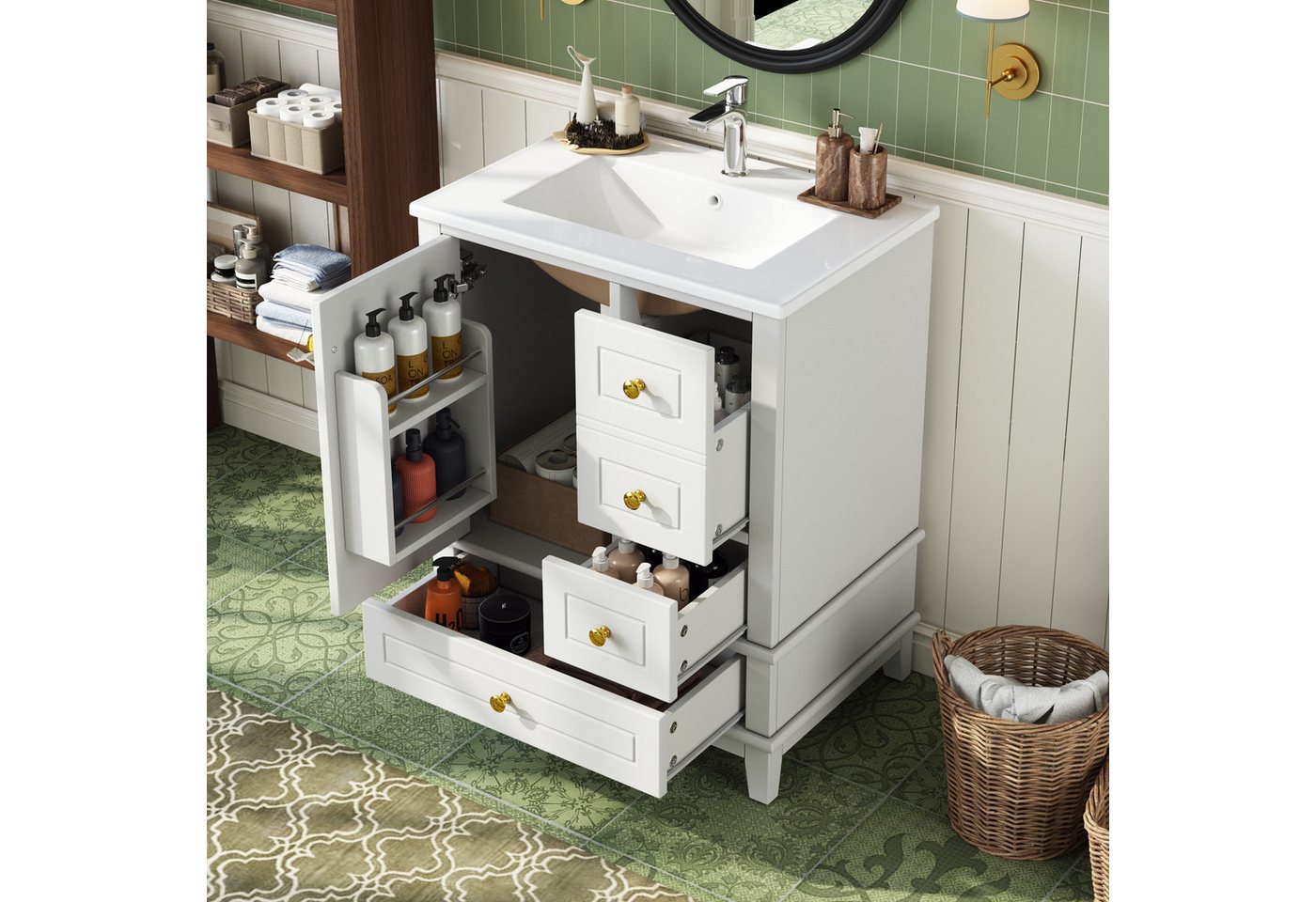 Flieks Waschtisch mit 3 Schubladen und Türregal, Waschbeckenunterschrank mit Waschbecken (B61/T47/H86 cm, 1-St., bodenstehend), Badezimmerschrank mit Keramikbecken, Soft-Close-Funktion Weiß