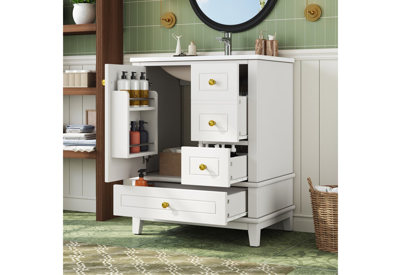 Flieks Waschtisch mit 3 Schubladen und Türregal, Waschbeckenunterschrank mit Waschbecken (B61/T47/H86 cm, 1-St., bodenstehend), Badezimmerschrank mit Keramikbecken, Soft-Close-Funktion Weiß Bild 2