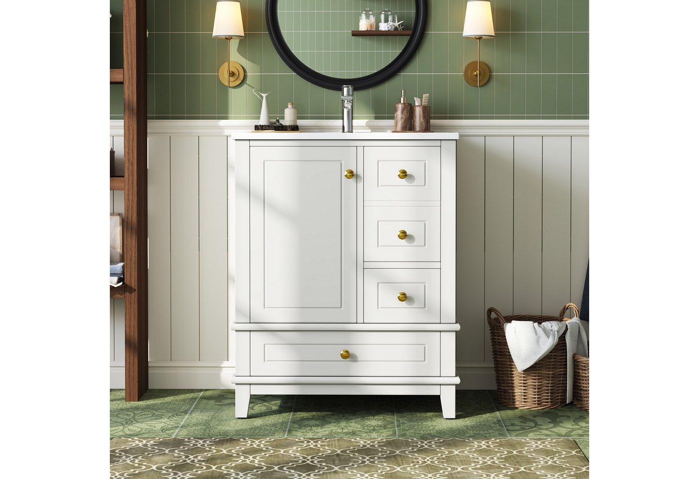 Flieks Waschtisch mit 3 Schubladen und Türregal, Waschbeckenunterschrank mit Waschbecken (B61/T47/H86 cm, 1-St., bodenstehend), Badezimmerschrank mit Keramikbecken, Soft-Close-Funktion Weiß Bild 3