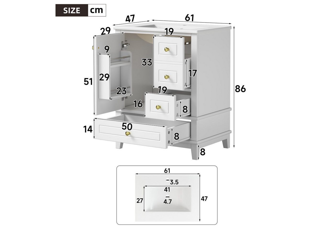 Flieks Waschtisch mit 3 Schubladen und Türregal, Waschbeckenunterschrank mit Waschbecken (B61/T47/H86 cm, 1-St., bodenstehend), Badezimmerschrank mit Keramikbecken, Soft-Close-Funktion Weiß Bild 4