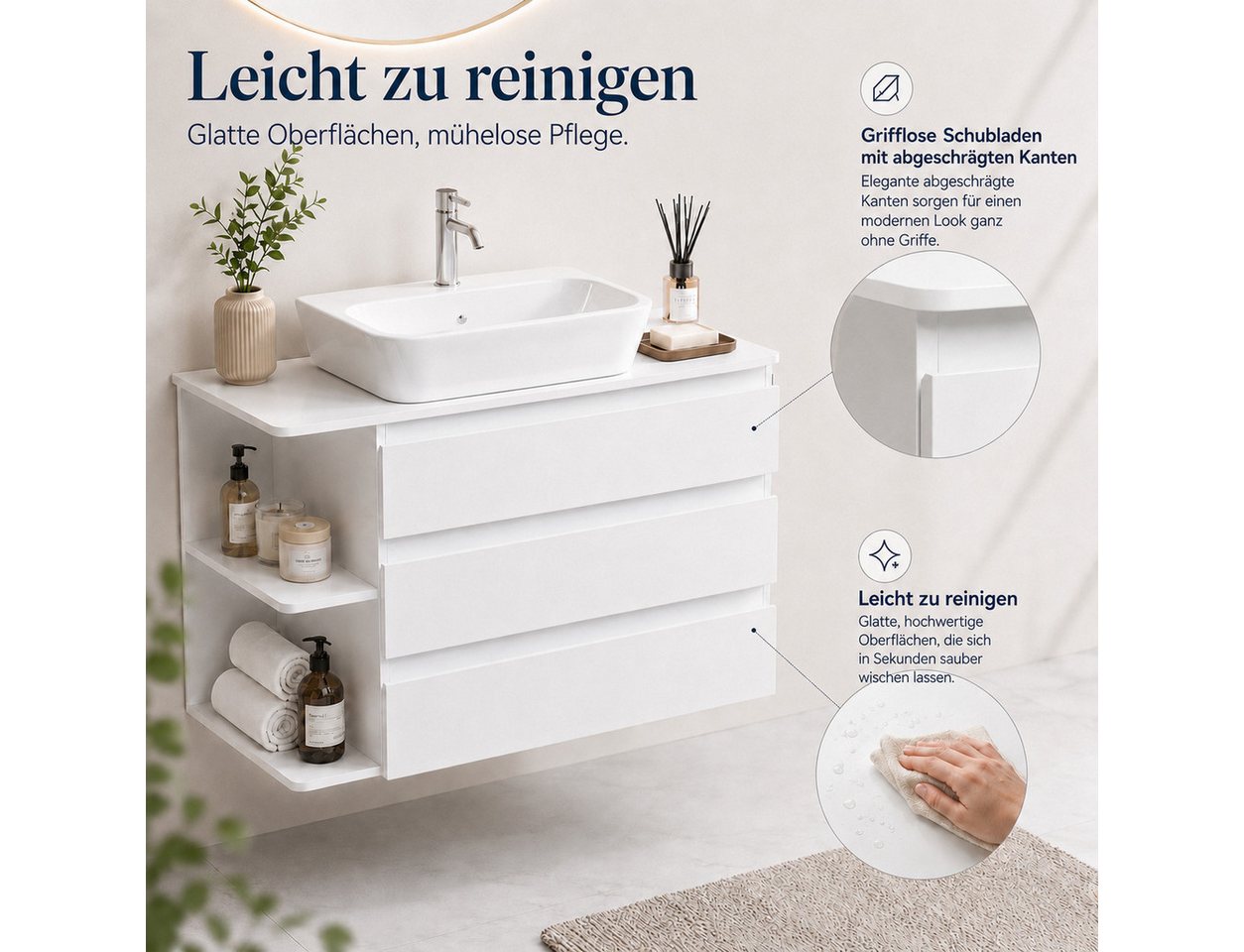Yorbay Waschbeckenschrank Wandhängend Unterschrank, mit 3 Soft Close Schubladen, Seitenregal Waschtischunterschrank 80 cm, Weiß, Waschbecken exklusive