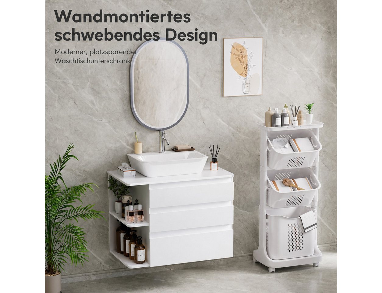 Yorbay Waschbeckenschrank Wandhängend Unterschrank, mit 3 Soft Close Schubladen, Seitenregal Waschtischunterschrank 80 cm, Weiß, Waschbecken exklusive Bild 2
