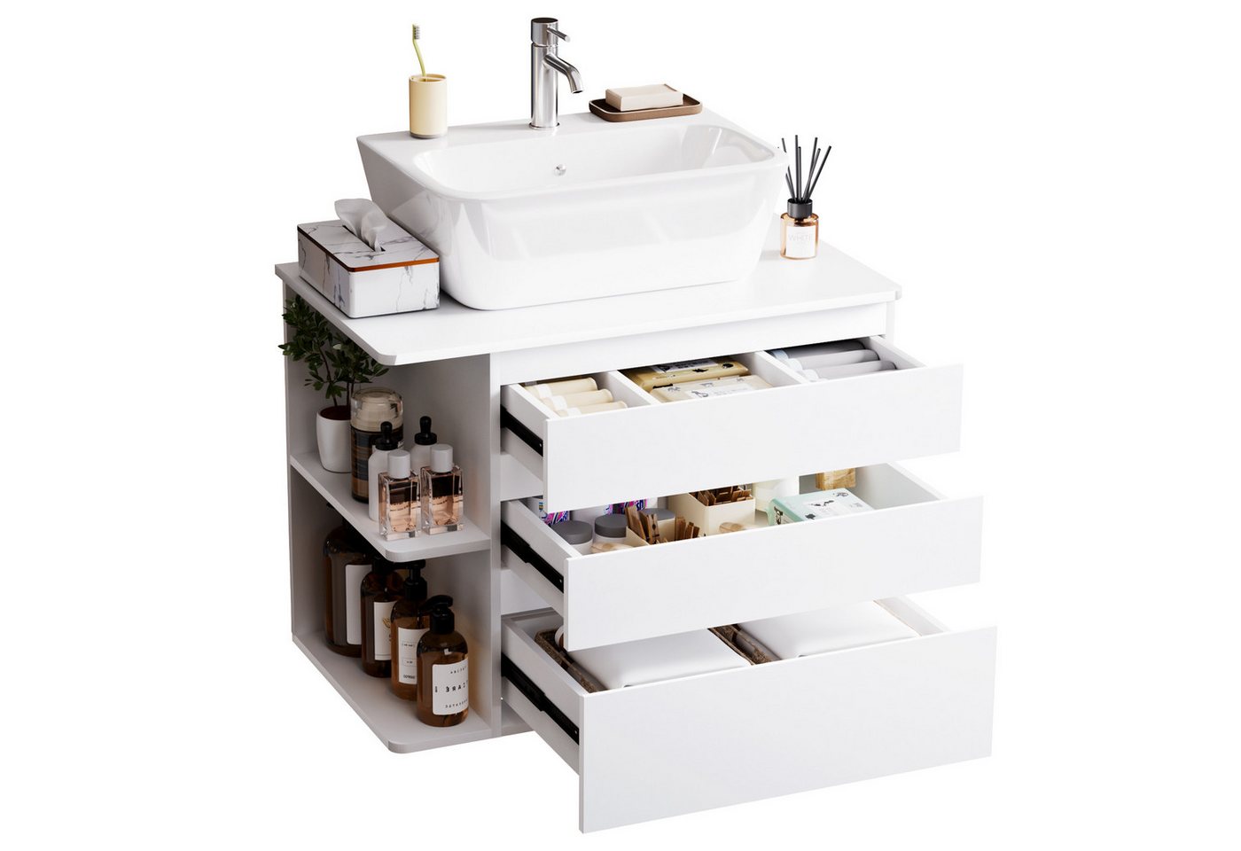 Yorbay Waschbeckenschrank Wandhängend Unterschrank, mit 3 Soft Close Schubladen, Seitenregal Waschtischunterschrank 80 cm, Weiß, Waschbecken exklusive Bild 3
