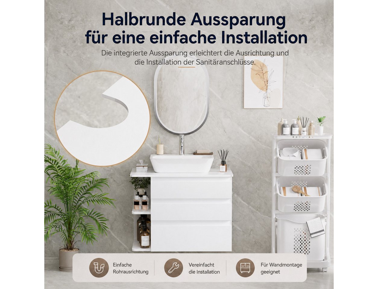 Yorbay Waschbeckenschrank Wandhängend Unterschrank, mit 3 Soft Close Schubladen, Seitenregal Waschtischunterschrank 80 cm, Weiß, Waschbecken exklusive Bild 4