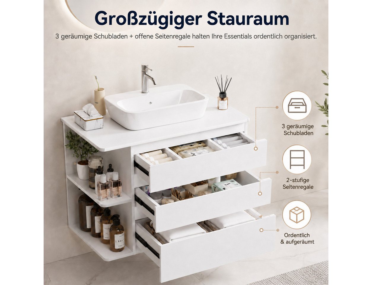 Yorbay Waschbeckenschrank Wandhängend Unterschrank, mit 3 Soft Close Schubladen, Seitenregal Waschtischunterschrank 80 cm, Weiß, Waschbecken exklusive Bild 5