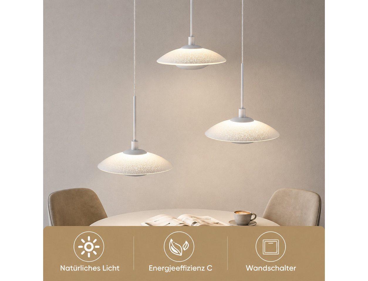 BlingBin LED Pendelleuchte Esstisch Hängelampe 3 Flammig mit Glas, elegante Sandweiß 17W, Rund-3Flammig, LED fest integriert, Höhenverstellbar Pendelleuchte- für Wohnzimmer, Esszimmer, Hotel Bild 2