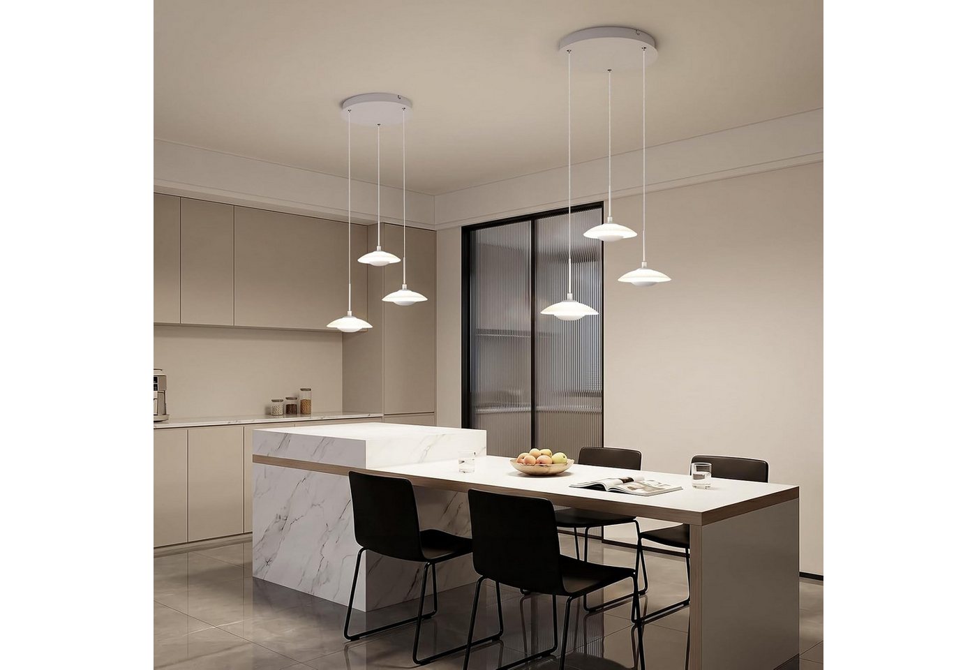 BlingBin LED Pendelleuchte Esstisch Hängelampe 3 Flammig mit Glas, elegante Sandweiß 17W, Rund-3Flammig, LED fest integriert, Höhenverstellbar Pendelleuchte- für Wohnzimmer, Esszimmer, Hotel Bild 3