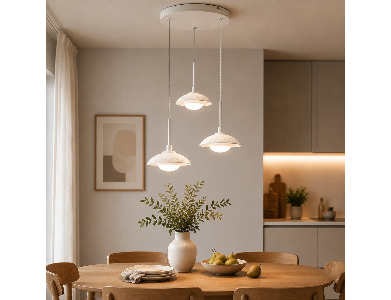 BlingBin LED Pendelleuchte Esstisch Hängelampe 3 Flammig mit Glas, elegante Sandweiß 17W, Rund-3Flammig, LED fest integriert, Höhenverstellbar Pendelleuchte- für Wohnzimmer, Esszimmer, Hotel Bild 4