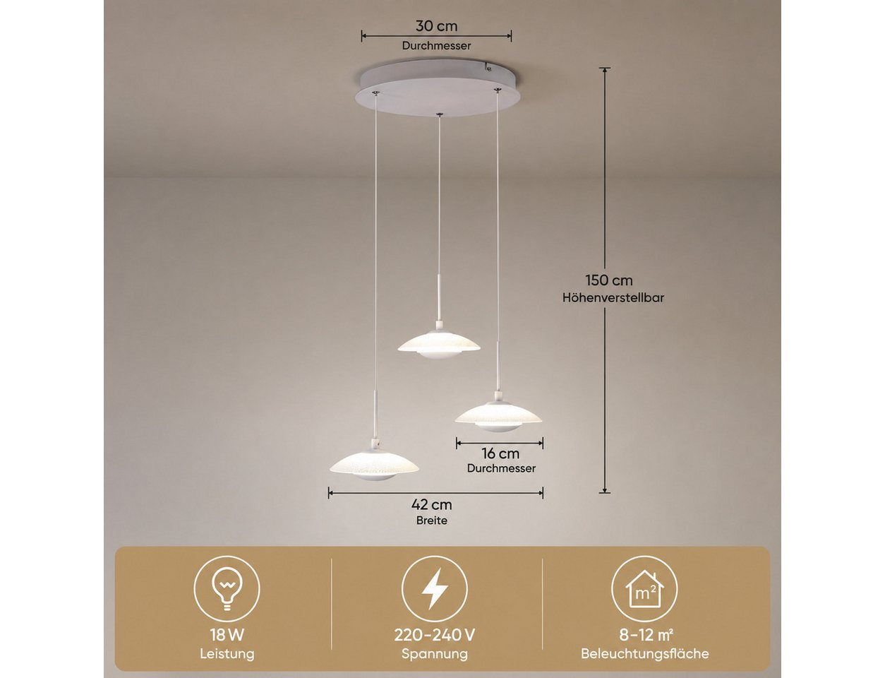 BlingBin LED Pendelleuchte Esstisch Hängelampe 3 Flammig mit Glas, elegante Sandweiß 17W, Rund-3Flammig, LED fest integriert, Höhenverstellbar Pendelleuchte- für Wohnzimmer, Esszimmer, Hotel Bild 5