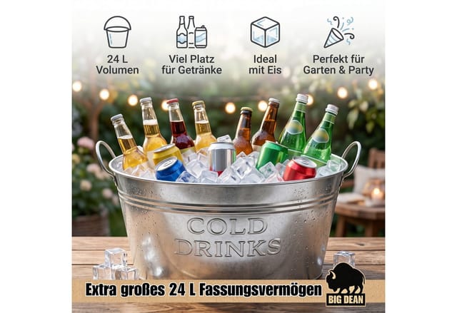 BigDean Eiseimer 2 Stück Getränkewanne 24 Liter Zinkwanne Set Sektkühler Flaschenkühler, Großzügiges Fassungsvermögen