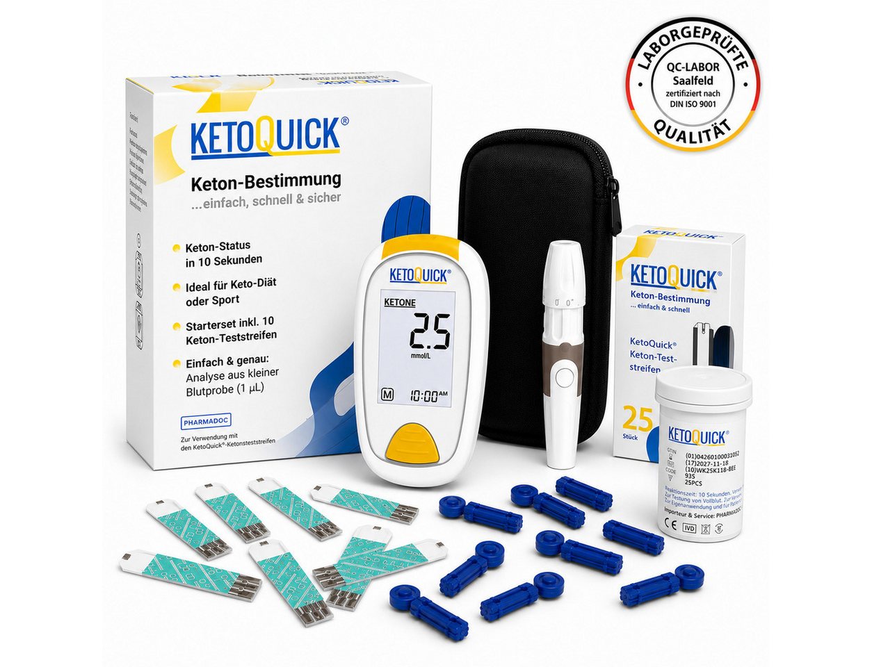 KetoQuick Keton-Messgerät Starterset mit 10 Teststreifen, Kombiset, Ideal für Keto-Ernährung, Fitness, Low Carb