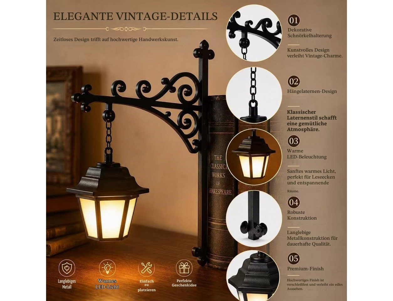 FELIXLEO Klemmleuchte Library Lantern 3pcs, Decorative Bookshelf Lighting Antique Led Lamp Bild 3