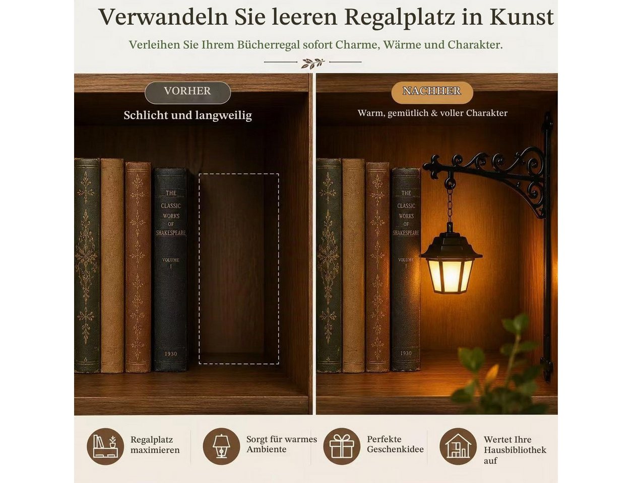 FELIXLEO Klemmleuchte Library Lantern 3pcs, Decorative Bookshelf Lighting Antique Led Lamp Bild 5