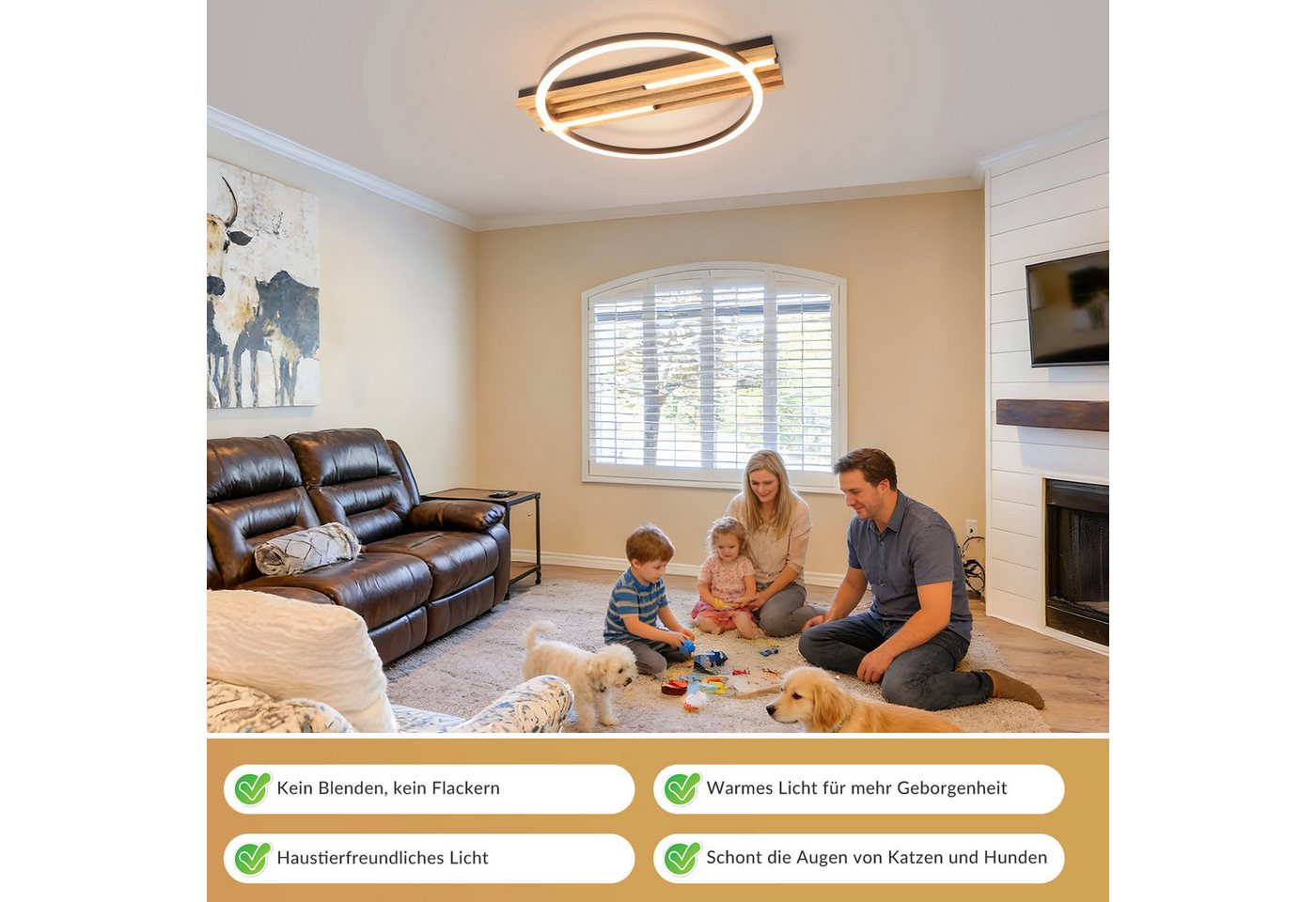 Nettlife LED Deckenleuchte Dimmbar Holz 2/3/4 Ringe Modern Deckenlampe Wohnzimmer, LED fest integriert, 24W 38*32*6.8CM für Schlafzimmer Büro Küche