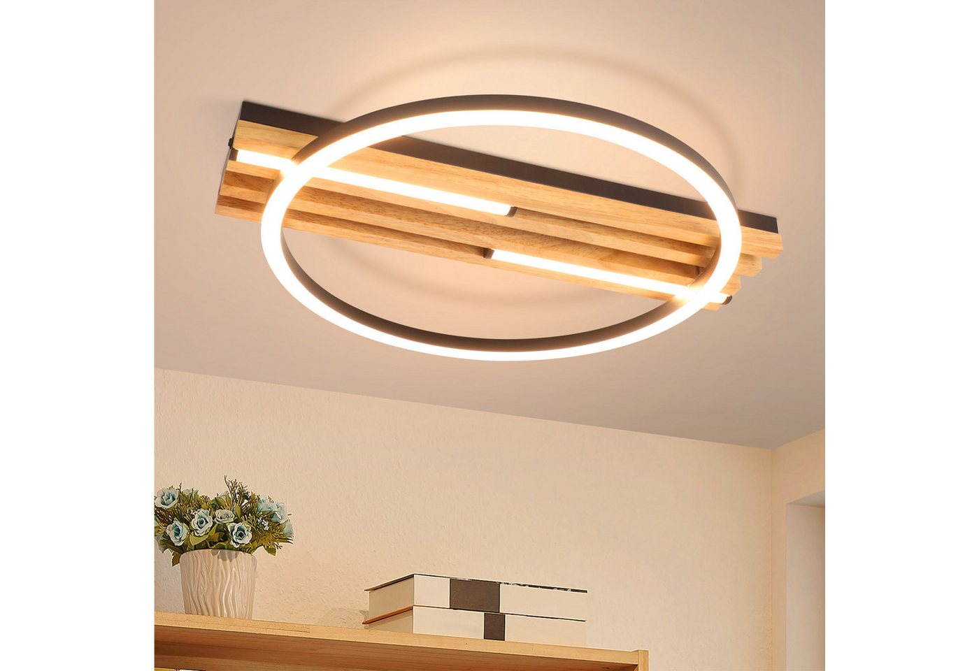 Nettlife LED Deckenleuchte Dimmbar Holz 2/3/4 Ringe Modern Deckenlampe Wohnzimmer, LED fest integriert, 24W 38*32*6.8CM für Schlafzimmer Büro Küche Bild 2