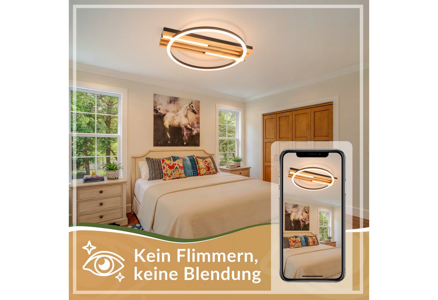 Nettlife LED Deckenleuchte Dimmbar Holz 2/3/4 Ringe Modern Deckenlampe Wohnzimmer, LED fest integriert, 24W 38*32*6.8CM für Schlafzimmer Büro Küche Bild 3