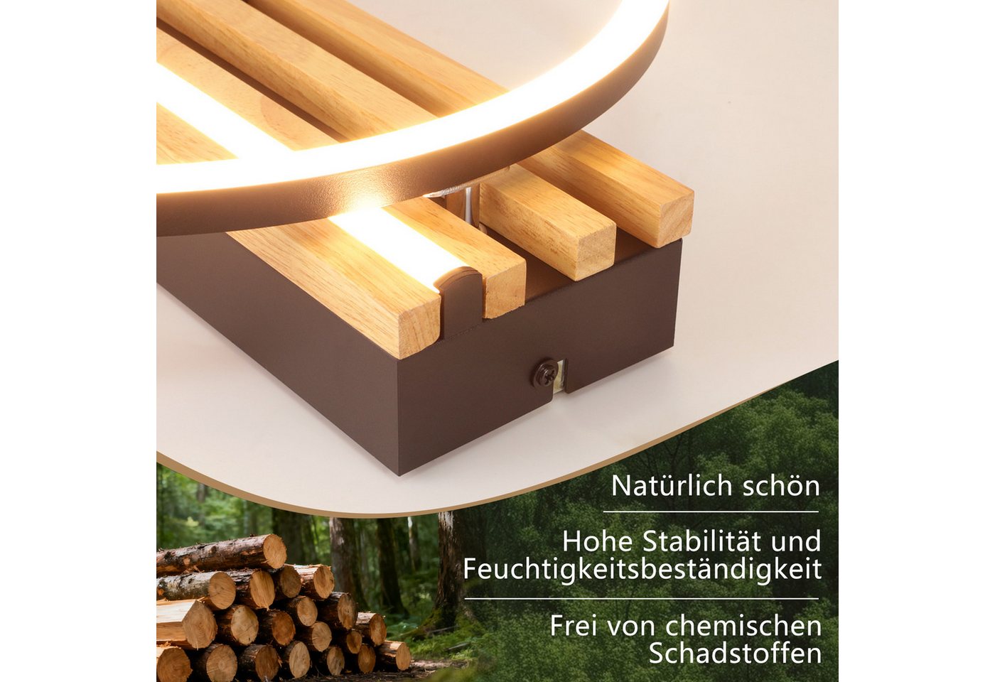 Nettlife LED Deckenleuchte Dimmbar Holz 2/3/4 Ringe Modern Deckenlampe Wohnzimmer, LED fest integriert, 24W 38*32*6.8CM für Schlafzimmer Büro Küche Bild 5