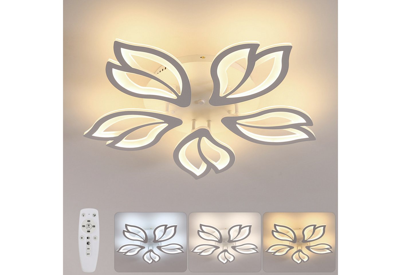 Riserva LED Deckenleuchte LED Deckenleuchte Blume 45W dimmbar mit Fernbedienung, LED wechselbar, Tageslichtweiß, deckenlampe wohnzimmer, led deckenleuchte dimmbar,