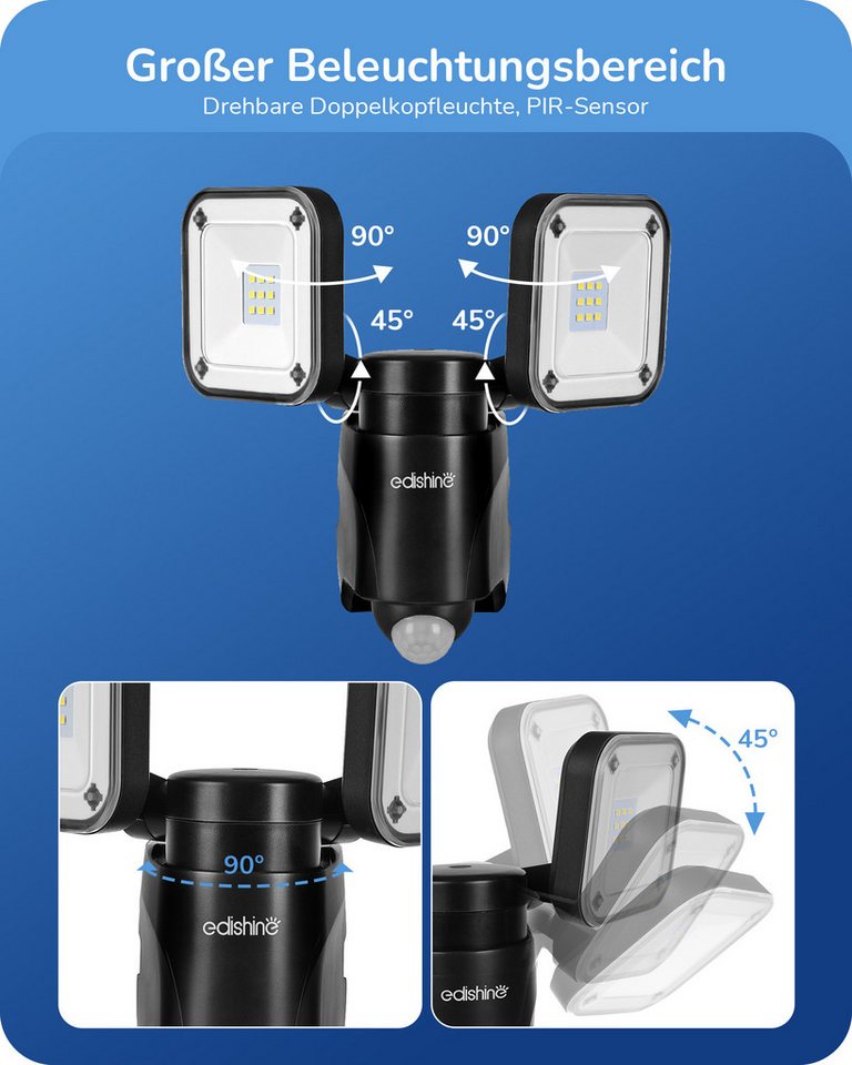 EDISHINE LED Wandstrahler mit Bewegungsmelder Außen, Batterie Strahler, LED fest integriert, LED-Strahler mit 2 Lampenköpfen, Schwenkbar Bild 4