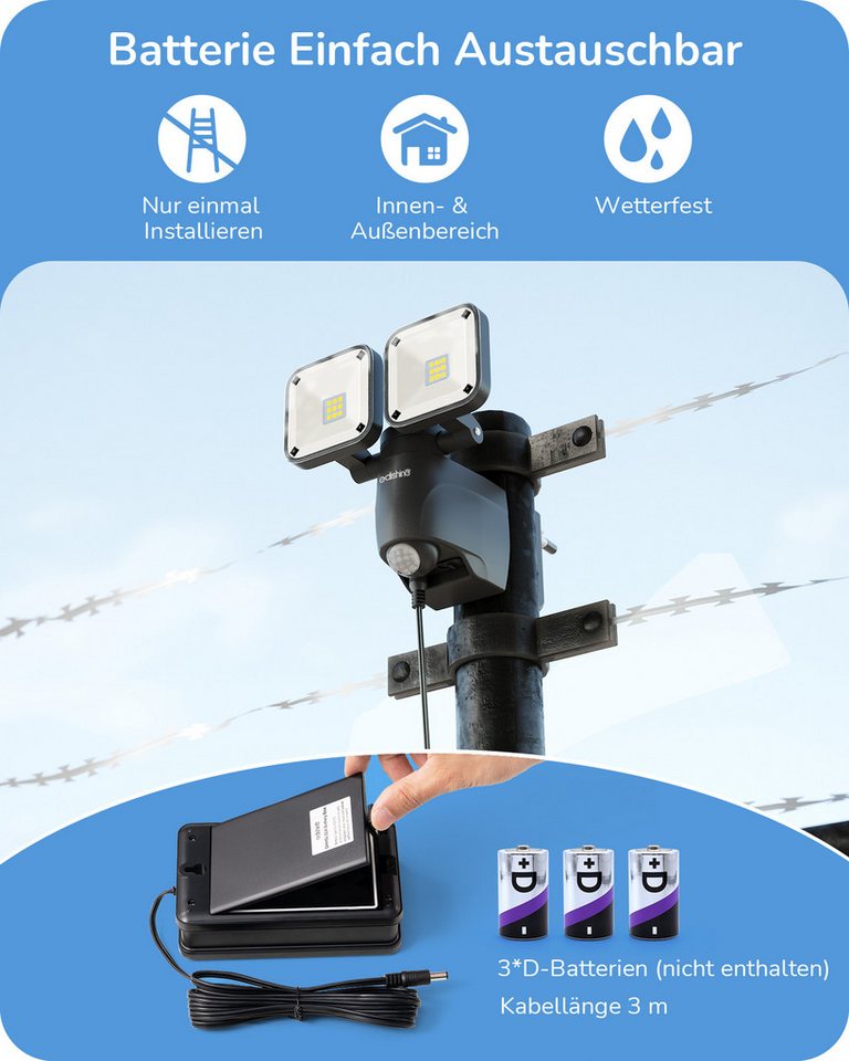 EDISHINE LED Wandstrahler mit Bewegungsmelder Außen, Batterie Strahler, LED fest integriert, LED-Strahler mit 2 Lampenköpfen, Schwenkbar Bild 5