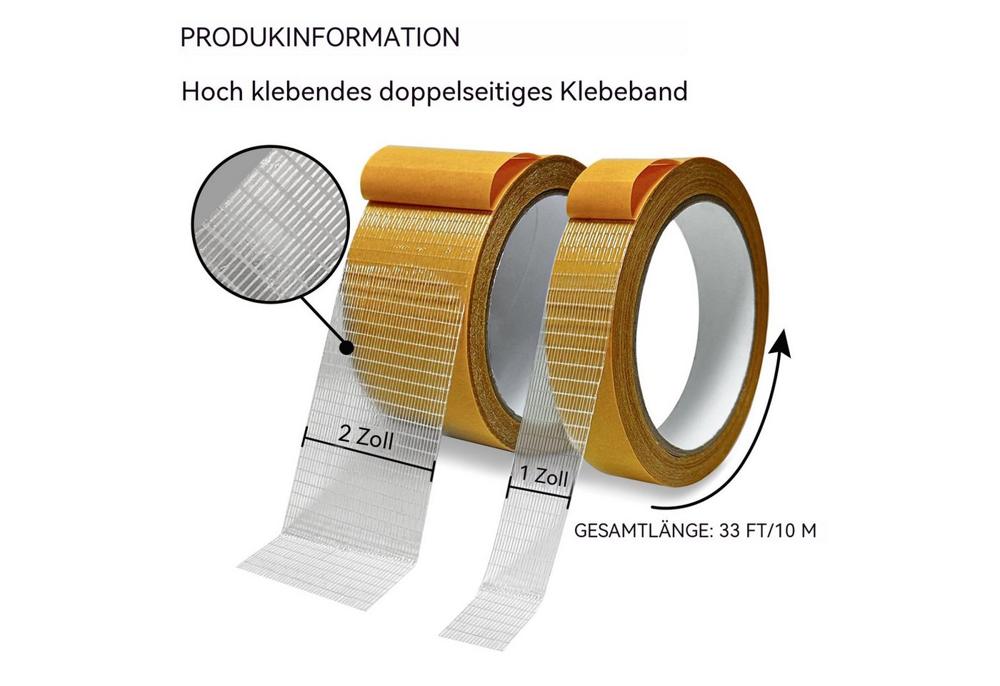 Diwzbyn Doppelklebeband EXTRA STRONG Verlegeband, doppelseitiges Gewebeklebeband (2-St) Mehrzweck-Doppelklebeband (1 Zoll/2 Zollx10 m)–stark haftend,–2 Rollen Bild 3