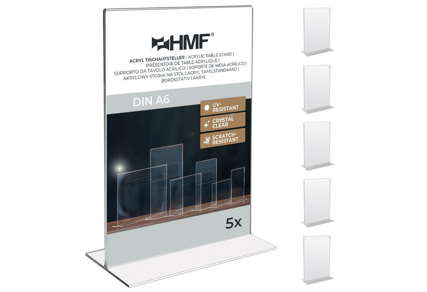 HMF Bilderrahmen Acryl Tischaufsteller im DIN A6 Hochformat, Menükartenhalter für, für 1 Bilder (5 St), Restaurants, Präsentation, T-Aufsteller, 5 Stück, Transparent
