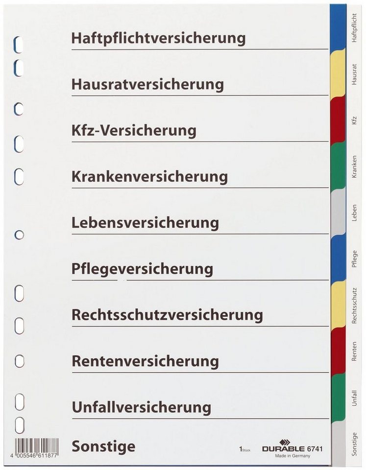 DURABLE Aktenordner Vollformat blanko mit Deckblatt Versicherungen 2x blau 2x gelb 2x rot