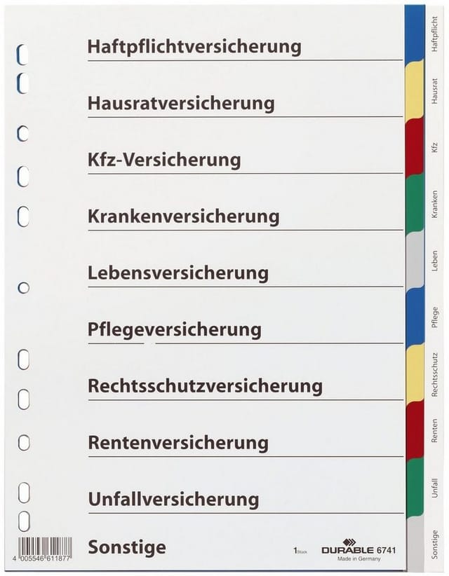 DURABLE Aktenordner Vollformat blanko mit Deckblatt Versicherungen 2x blau 2x gelb 2x rot