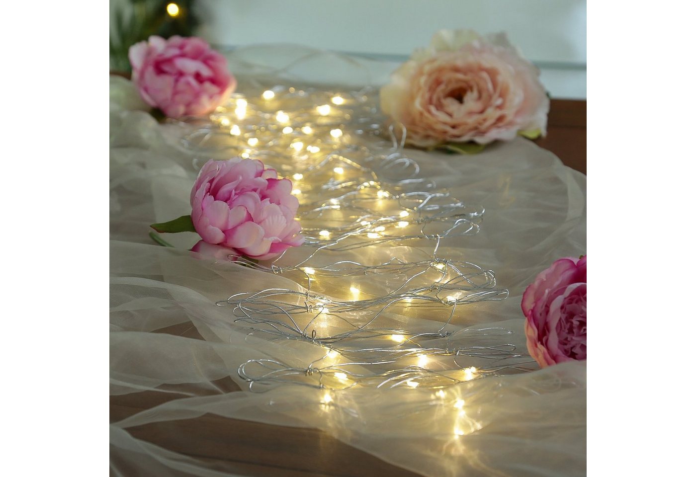 MARELIDA LED-Lichterkette LED Tischläufer 50 warmweiße LED Weihnachtsdeko Draht-Tischläufer L:1m, 50-flammig