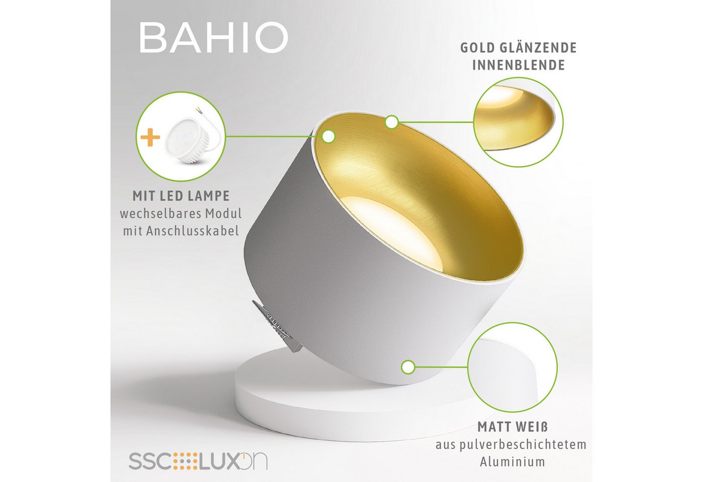 SSC-LUXon LED Aufbaustrahler BAHIO LED Aufbauspot weiß gold 6W dimmbar 3CCT Downlight, Neutralweiß, Warmweiß, Tageslichtweiß Bild 4