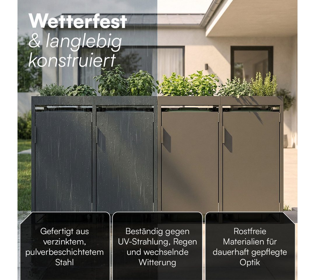 STEELSØN Mülltonnenbox Thoria mit Pflanzendach, Mülltonnenverkleidung aus Stahl (Anthrazit, 120 L, verfügbar mit 1, 2, 3, 4, oder 5 Türen), für 4 Tonnen