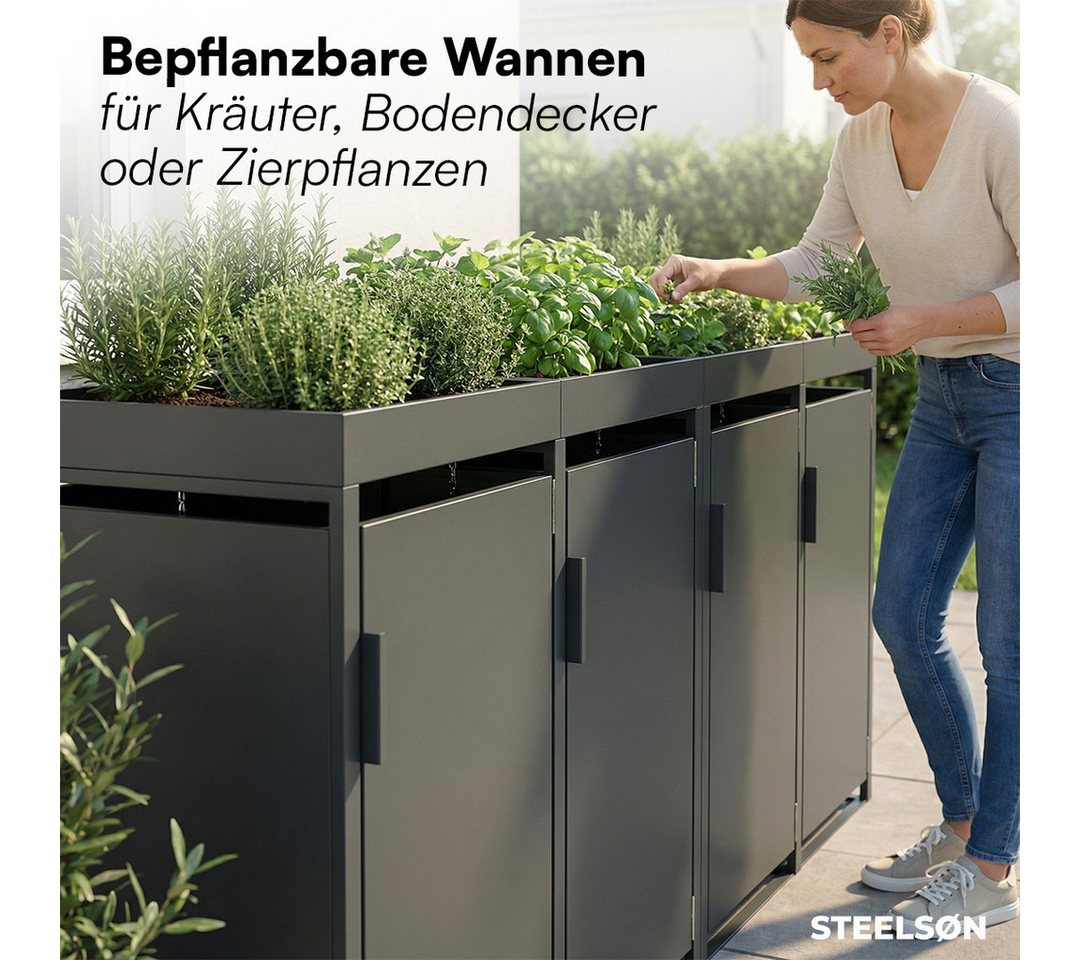 STEELSØN Mülltonnenbox Thoria mit Pflanzendach, Mülltonnenverkleidung aus Stahl (Anthrazit, 120 L, verfügbar mit 1, 2, 3, 4, oder 5 Türen), für 4 Tonnen Bild 2