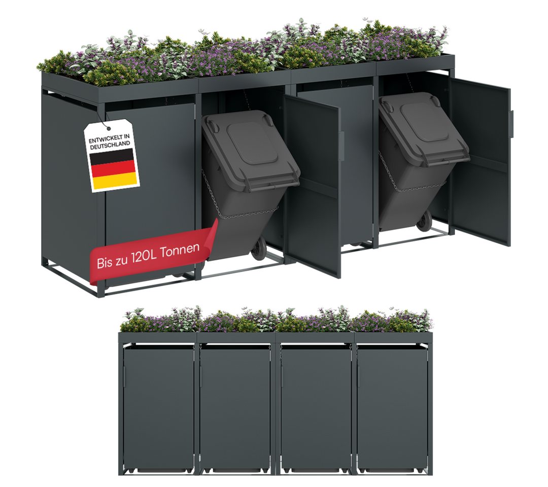 STEELSØN Mülltonnenbox Thoria mit Pflanzendach, Mülltonnenverkleidung aus Stahl (Anthrazit, 120 L, verfügbar mit 1, 2, 3, 4, oder 5 Türen), für 4 Tonnen Bild 5