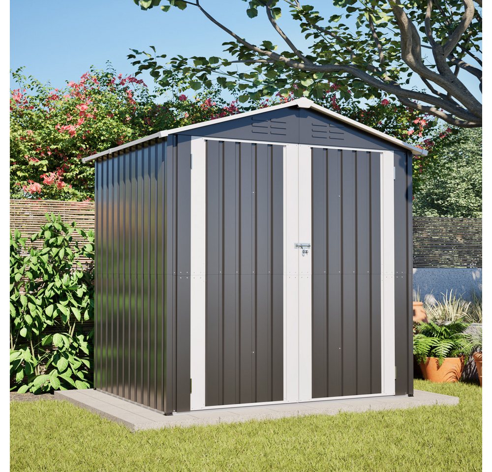 BBWL Gerätehaus 185x142 cm Gartenhaus mit Fundament, abschließbarer Tür, Belüftung, BxT: 185.4x142.3 cm, Metall Geräteschuppen, wetterfest, Grau