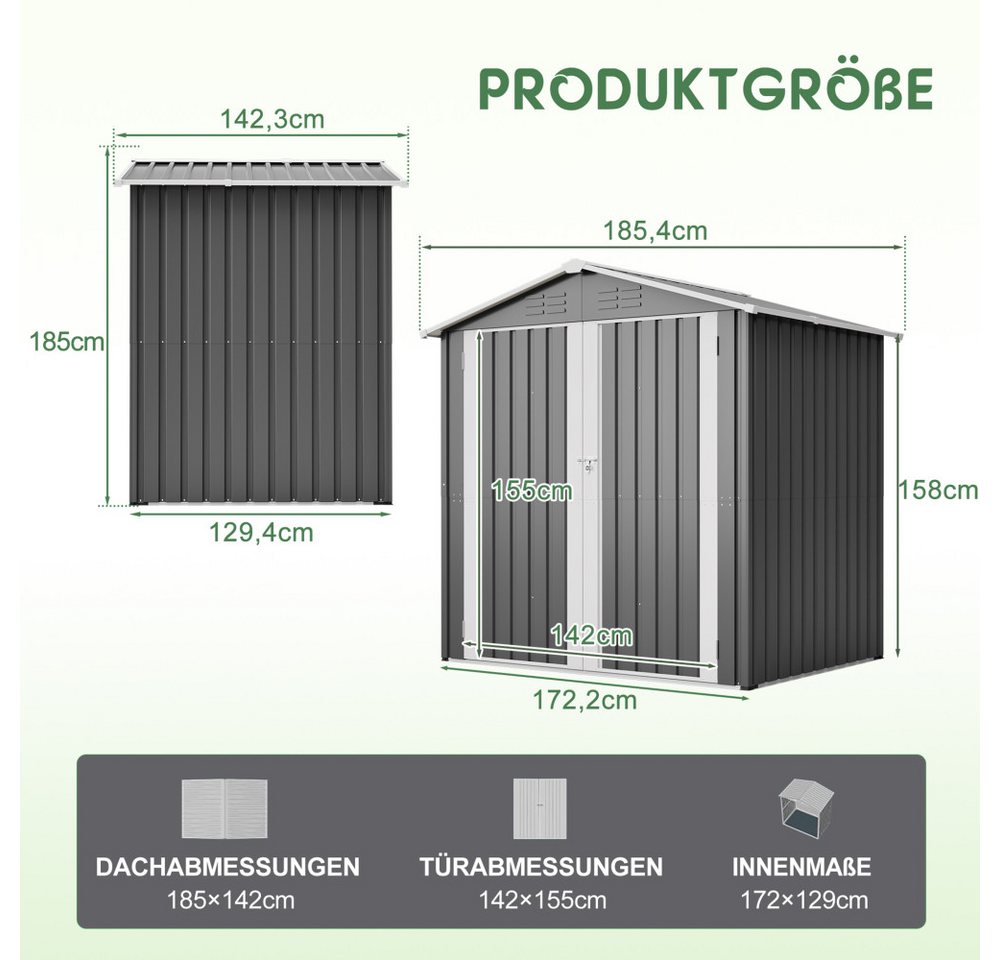 BBWL Gerätehaus 185x142 cm Gartenhaus mit Fundament, abschließbarer Tür, Belüftung, BxT: 185.4x142.3 cm, Metall Geräteschuppen, wetterfest, Grau Bild 2