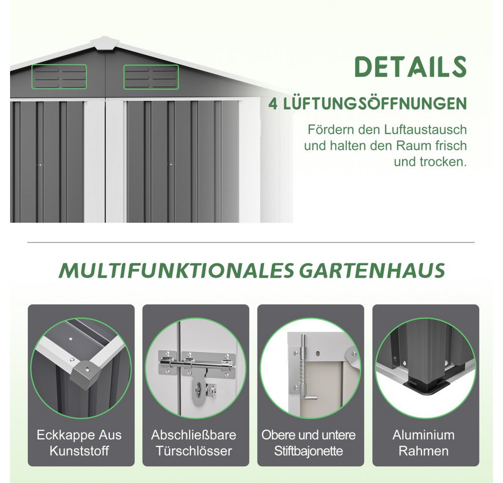 BBWL Gerätehaus 185x142 cm Gartenhaus mit Fundament, abschließbarer Tür, Belüftung, BxT: 185.4x142.3 cm, Metall Geräteschuppen, wetterfest, Grau Bild 3