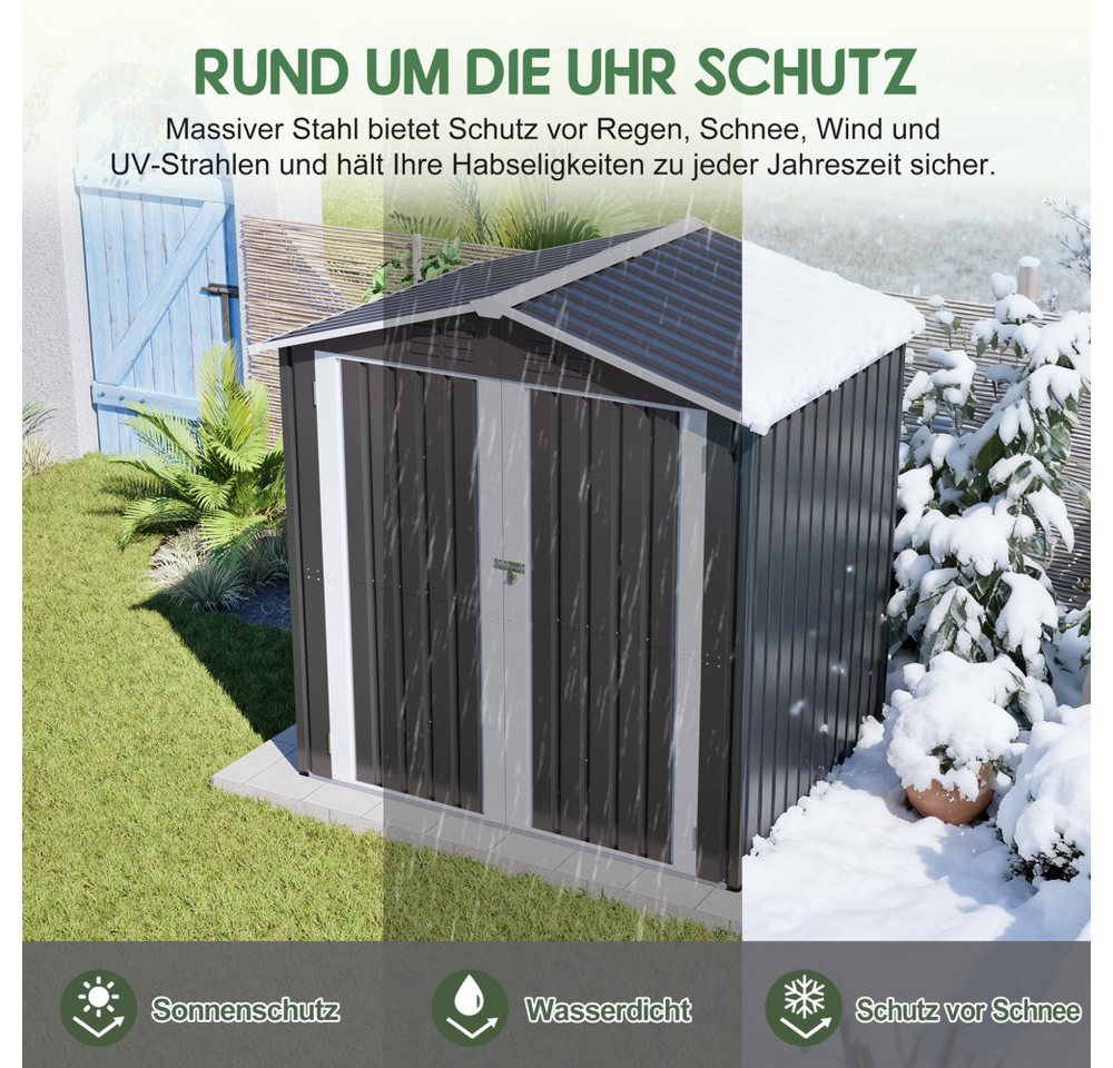 BBWL Gerätehaus 185x142 cm Gartenhaus mit Fundament, abschließbarer Tür, Belüftung, BxT: 185.4x142.3 cm, Metall Geräteschuppen, wetterfest, Grau Bild 4