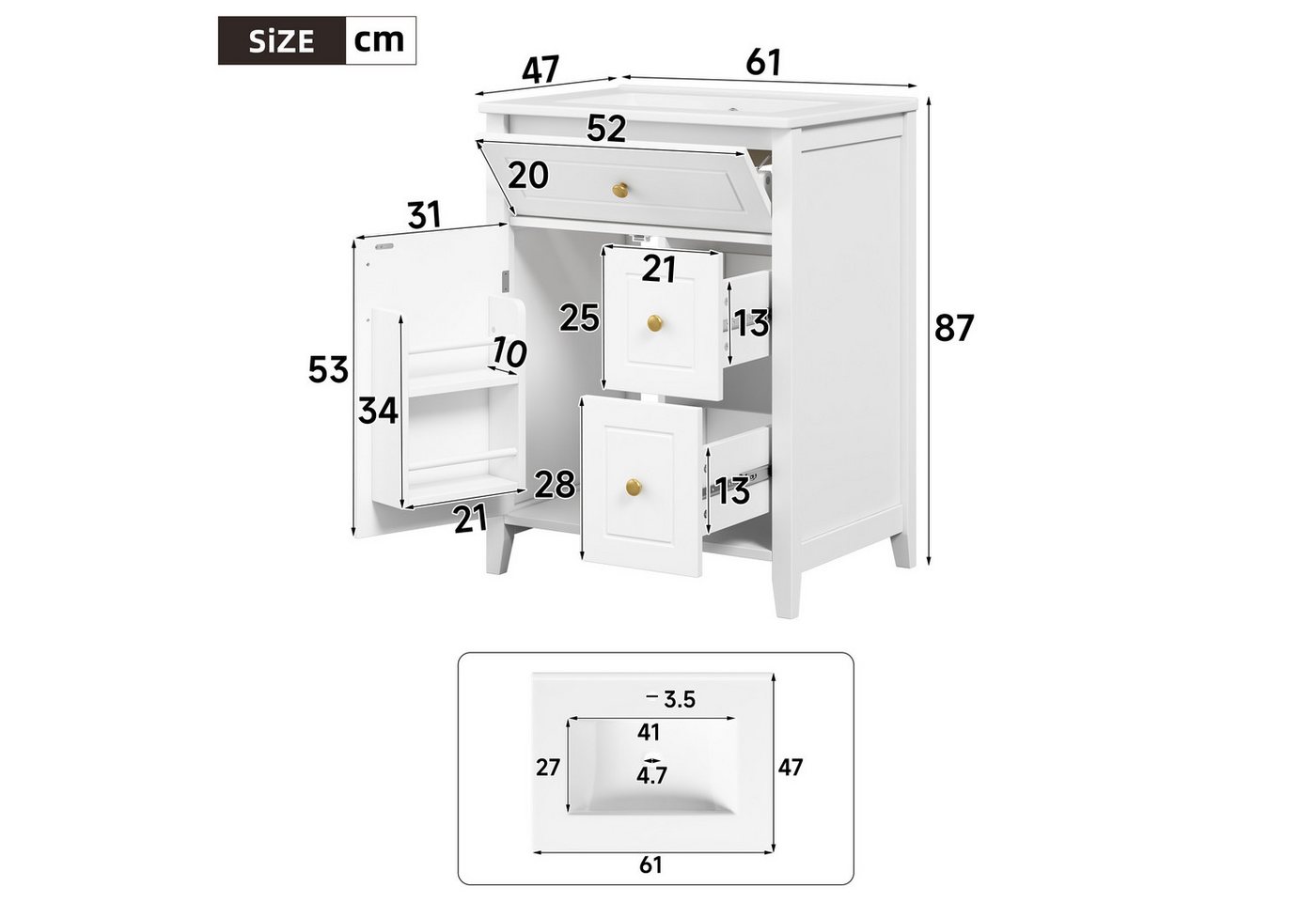 Flieks Waschtisch bodenstehender Waschbeckenunterschrank inkl. Keramik-Waschbecken (B61/T47/H87 cm, 1-St), Badezimmerschrank mit Soft-Close-Funktion Badmöbel Weiß