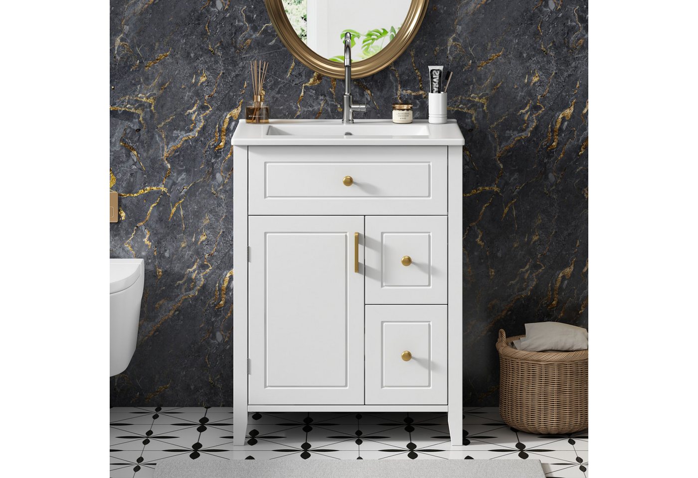 Flieks Waschtisch bodenstehender Waschbeckenunterschrank inkl. Keramik-Waschbecken (B61/T47/H87 cm, 1-St), Badezimmerschrank mit Soft-Close-Funktion Badmöbel Weiß Bild 2